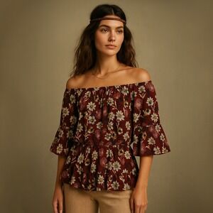 Aileen‎ Floral Print Top Burgundy Red 3/4 Bell Sleeve Off Shoulder Blouse Small
